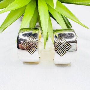 Vintage Givenchy Gold Tone Logo on Silver Tone Wide Hoop Clip On Earrings